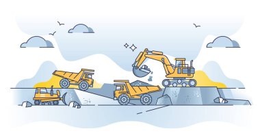 Mineral resources extraction with land digging and drilling outline concept. Land mining and earth material consume with heavy machinery work vector illustration. Coal, stones and rocks production.