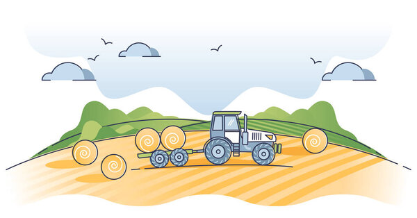 Land resources and agricultural farming with hay harvest outline concept. Soil usage for plant growth and food vegetation vector illustration. Fertile field with farmer tractor and eco crop rolls.