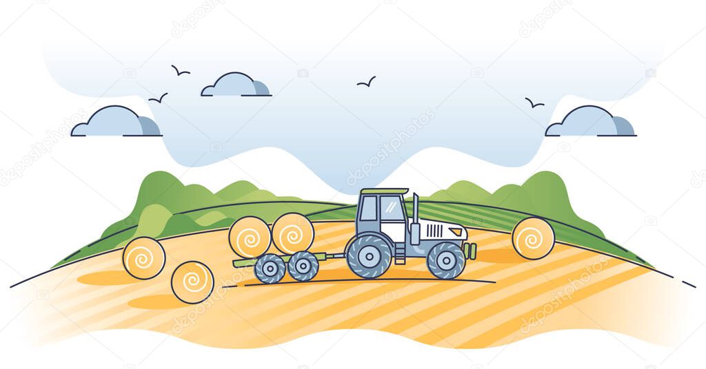 Land resources and agricultural farming with hay harvest outline concept. Soil usage for plant growth and food vegetation vector illustration. Fertile field with farmer tractor and eco crop rolls.