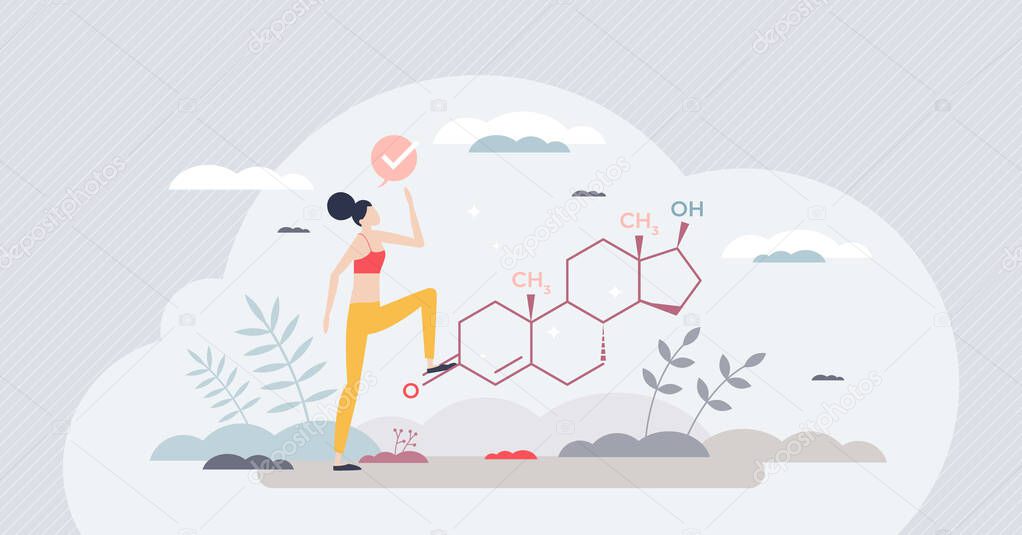 Testosterone hormone in female body as chemical element tiny person concept. Molecular girls sex steroid produced in woman ovary, adrenal gland and fat cells vector illustration. Biochemistry formula