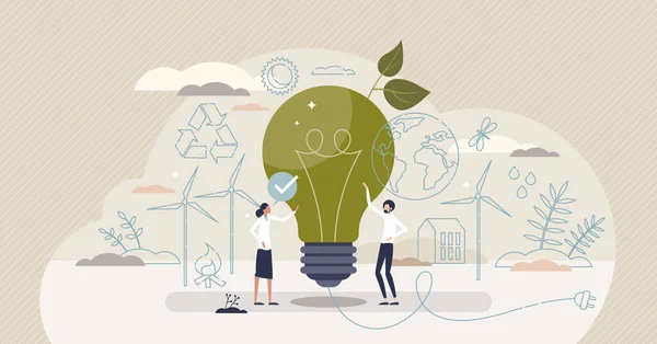 企業の社会的責任やCsrを公正な事業の小さな人の概念として 再生可能資源と緑の思考ベクトル図を使用した持続可能で環境に優しい企業 — ストックベクタ