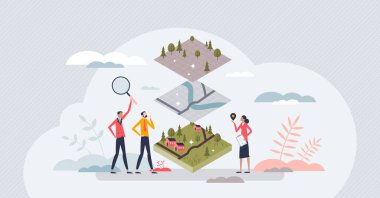 Coğrafi veri katmanlarıyla coğrafi haritalama ve şebeke bilgisi minik insan konsepti. Navigasyon trafiği, doğa bitki örtüsü yüzeyi ve harita vektör illüstrasyonunun hava türleri. Jeoloji ve arazi araştırması.