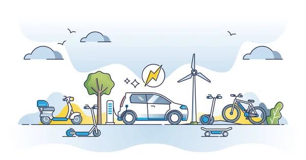 再生可能エネルギーを燃料としたグリーン輸送をコンセプトとしています Co2排出量を削減し 持続可能な代替ベクトル図を使用する クリーン未来のための自転車 スクーターやハイブリッド車 — ストックベクタ