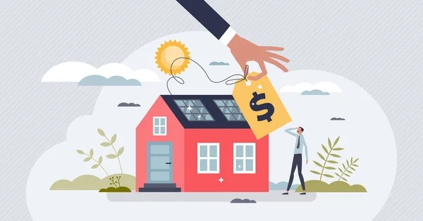 ソーラーパネルのコストや高価な代替エネルギープロジェクトの小さな人の概念 再生可能エネルギー発電設備投資ベクトル図でお金を節約 持続可能な住宅アップグレードのためのリース支払い — ストックベクタ