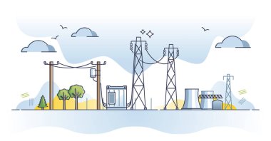 İstasyonun ana hatlarından elektrik dağıtım kablolarına sahip elektrik şebekesi. Kuleleri, jeneratörü ve atomik yardımcı vektör illüstrasyonlu enerji tedarik hatları. Altyapısı olan termal reaktör.