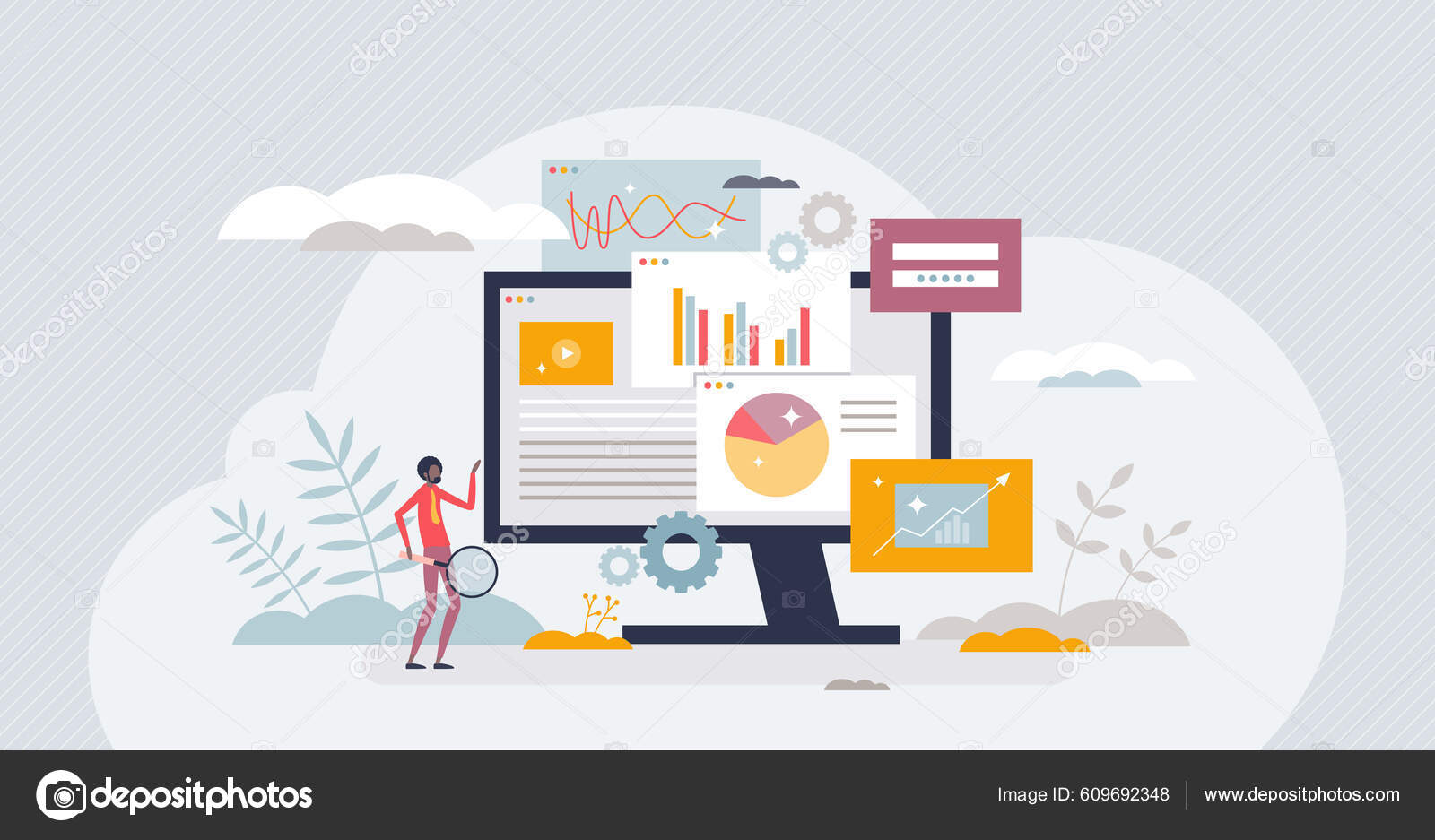 Dataskärm Med Informationsdiagram Och Analys Liten Person Koncept Analytisk  Kontroll — stockvektor av ©VectorMine 609692348, image size:1600x937