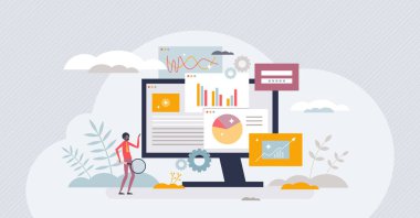 Bilgi grafikleri ve küçük insan konseptini içeren veri paneli. Analitik kontrol ve çeşitli pasta diyagramları, şemalar ve bilgi-grafik vektör çizimi ile izleme çalışmaları. Arayüzü izle
