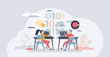 Kids coding and learn script programming from childhood tiny person concept. Elementary school age children writing css or php code vector illustration. Early digital technology courses for pupil. clipart svg vector 