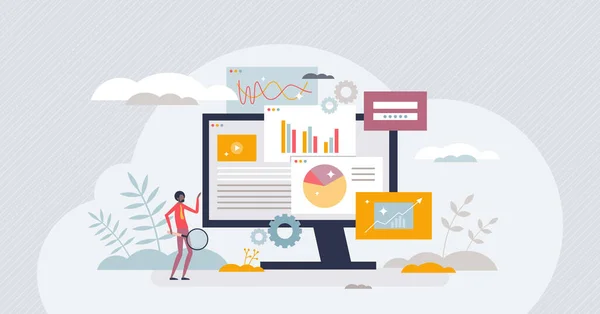 Dataskärm Med Informationsdiagram Och Analys Liten Person Koncept Analytisk Kontroll — Stock vektor