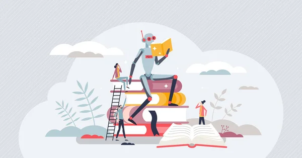 Gépi Tanulás Robot Olvasás Könyveket Tech Apró Személy Koncepció Mesterséges — Stock Vector