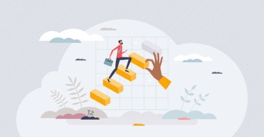 Başarılı kariyer gelişimi konsepti olarak terfi adımları küçük insan konsepti. Çalışan evrimi ve finansal büyüme vektörü illüstrasyonuyla pozisyon iyileştirme. İş adamı ilerleme belirleme.