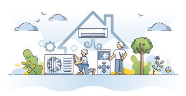 Klima sistemi, klima soğutma iklimi sıcaklığı konseptini yansıtıyor. Esinti solunum cihazı kurulumu ve profesyonel servis vektör illüstrasyonu. Isı kontrol ünitesi kapalı..