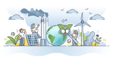 Çevresel etki değerlendirmesi ya da EIA doğa analizi kavramı. Karbondioksit kirliliği vektör illüstrasyonu yerine alternatif güç kaynaklarıyla ekolojik etki incelemesi. İnceleme ve araştırma.