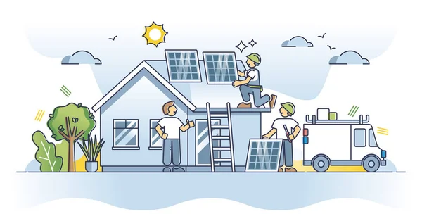 太阳能电池板安装和专业技术人员应用于屋面轮廓的概念 维护和调整 以提高性能和改进电力生产矢量说明 — 图库矢量图片