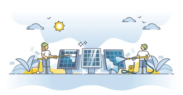 効果的な太陽光コレクターセルのアウトラインコンセプトのための太陽電池パネルクリーニング 専門的なメンテナンスやほこりベクトルイラストから洗浄した後 清潔で光沢があります 性能向上サービス — ストックベクタ