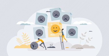 İyimser davranışlar ve küçük insan konsepti ile pozitif tutum. Psikoloji terapisi seansı ya da arkadaş vektör illüstrasyonunun teşviki ile düşünceyi değiştir. İyi ve iyimser hissediyorum.