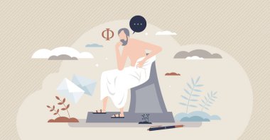 Felsefe, düşünce ve zihin zekası konsepti üzerine bir çalışma. İdeoloji ve etik vektör illüstrasyonu hakkında edebiyat içeren düşünce araştırmaları. Medeniyet bilgeliği ve Yunan kültürü.