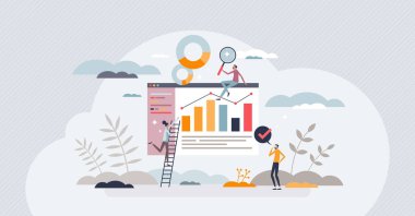 İnsanlar istatistiklerle küçük insan konseptini icra ediyorlar. Nüfus bilgi vektörü illüstrasyonu hakkında sosyal grafik ve grafik ölçüm araştırması. Pazarlama verilerini değerlendir.