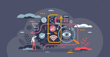 Web sitesi tanıma küçük kişi konsepti için e-ticaret arama motoru yöntemi. İnternet pazarlama verimliliği ve verimli kullanım vektörü illüstrasyonu. SEO ve içerik bilgi optimizasyonu.