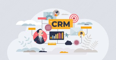 CRM sistemi ya da ticari müşteri ilişkileri yönetim aracı küçük insan konsepti. Satış denetimi ve müşteri veritabanı ile izleme yazılımı, süreç vektör illüstrasyonu hakkında satın almalar veya bilgiler