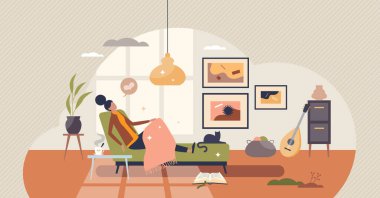 Hygge yaşam tarzı, sıcak ve rahat ev iç mekanı, küçük insan konsepti. Atmosferik ruh hali ve romantik refah vektör illüstrasyonu için İskandinav sonbahar tarzıyla rahatlama için kapalı tasarım.