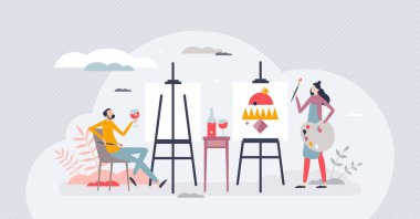 Resim ve yudum, küçük insanlar için yaratıcı sanat eğlencesi olarak. Kaygısız rahatlama deneyimi için eğlenceli aktivite suluboya boya ve alkol kombinasyon vektör çizimi olarak.