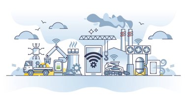 Etkili fabrika işi konsepti için endüstriyel IOT ya da internetteki şeyler. Akıllı elektronik sistem vektör illüstrasyonlu yüksek teknoloji otomasyonu. Yeni nesil modern üretim.