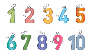 Matematik öğrenme taslak koleksiyonu seti için 1 'den 10' a kadar numaralar. İzole ve basılabilir vektör illüstrasyonlu eğlenceli ve şirin sayma elemanlarına sahip bir grup. Okul öncesi matematik dersi.