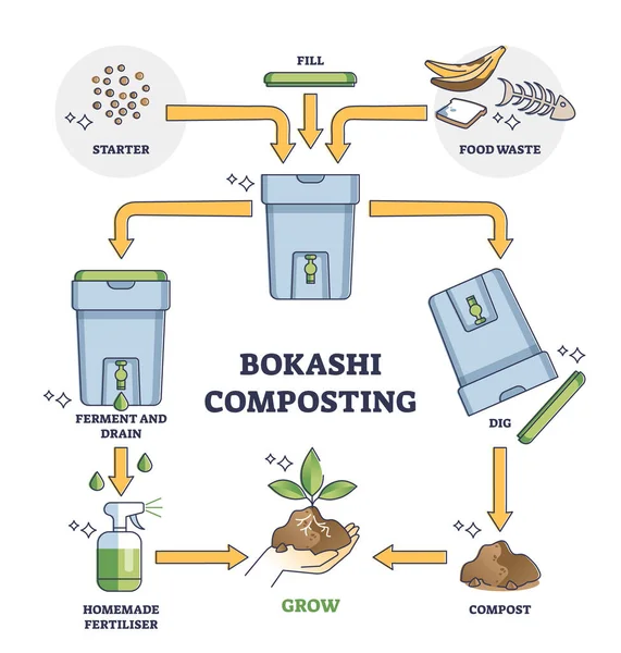 Bokashi Kompostierungsprozess Stufen Erklärung Für Lebensmittelverschwendung Management Skizze Beschriftetes Bildungsschema — Stockvektor