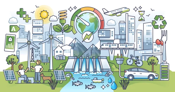 効果的なスマートシティアウトラインコンセプトを持つ持続可能な環境シーン 自然と代替電源と都市生態系の生活 現代のコミュニティベクトル図で緑のエネルギー使用量 — ストックベクタ