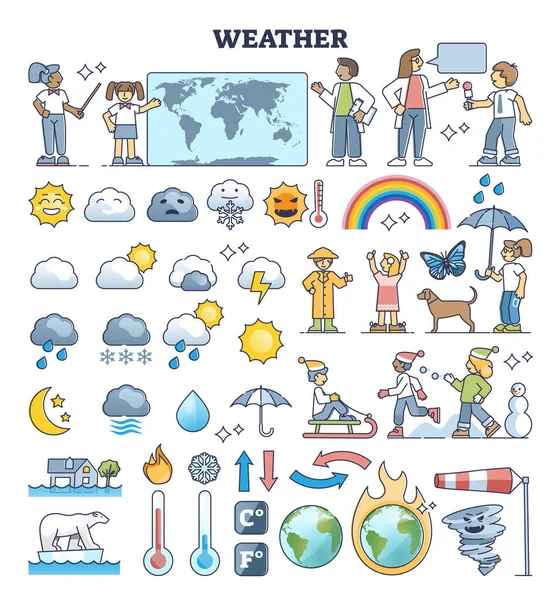 天气记者元素为孩子们的气象纲要收集集 带有温度和降水预报矢量图解的儿童电视节目 儿童电视播音员职业 — 图库矢量图片