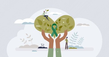 Çevre hayırseverliği ve doğa korumacılığı küçük insan konseptini gönüllü yapar. Sürdürülebilir dünya vektör illüstrasyonu için Dünya Bakımı ve Ekoloji Koruma Bilinci. Destek ve sosyal sorumluluk.