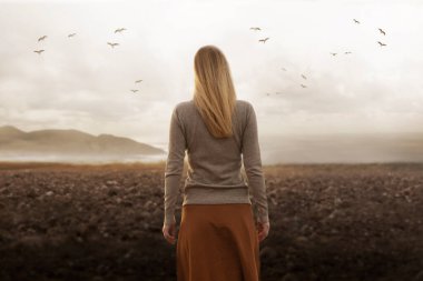 free woman walks towards infinity in the midst of nature clipart