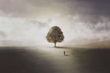 Yaşamın sembolü olan bir ağaca doğru yürüyen yalnız bir adamın resmi.