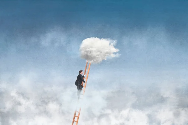 Başarı Kavramı Gerçeküstü Adamı Gökyüzüne Doğru Yüksek Basamağa Ulaşır — Stok fotoğraf