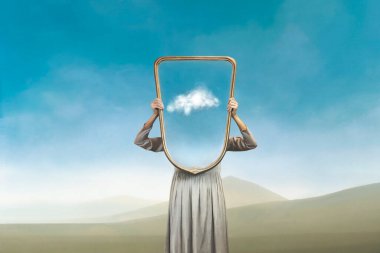 the woman hides holding a mirror in front of her face; introspection path concept clipart