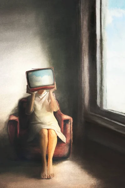 Ilustração Surreal Uma Mulher Com Cabeça Escondida Por Uma Projetando — Fotografia de Stock
