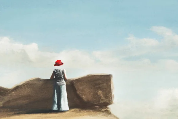 Surreal Headless Woman Red Hat Looking Infinity Concept Identity Freedom —  Fotos de Stock