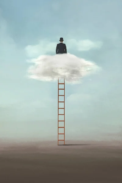 Hombre Negocios Una Escalera Sueña Con Futuro Las Nubes — Foto de Stock