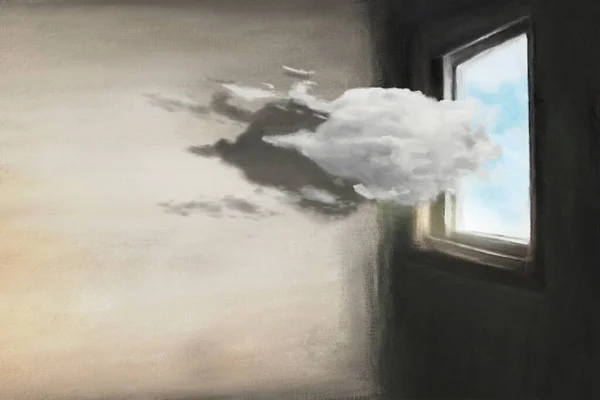 stock image surreal curious cloud enters from a window of a house