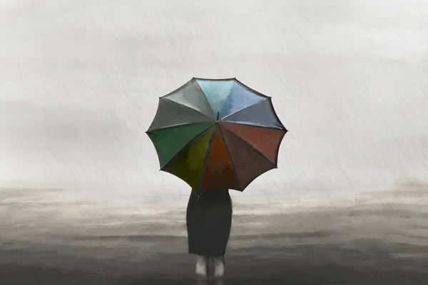 Üzletasszony Esőben Egy Színes Esernyővel — Stock Fotó