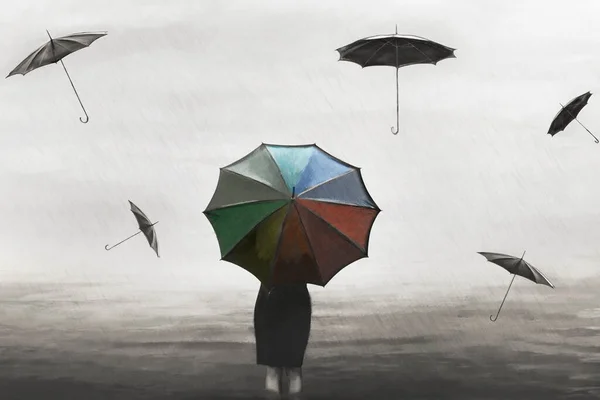 Surreal Woman Colorful Umbrella Rain Flying Black Umbrellas — Foto de Stock