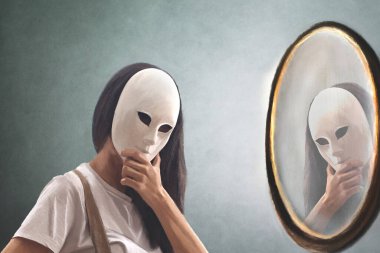 woman with mask looks in the mirror to see if she knows herself clipart