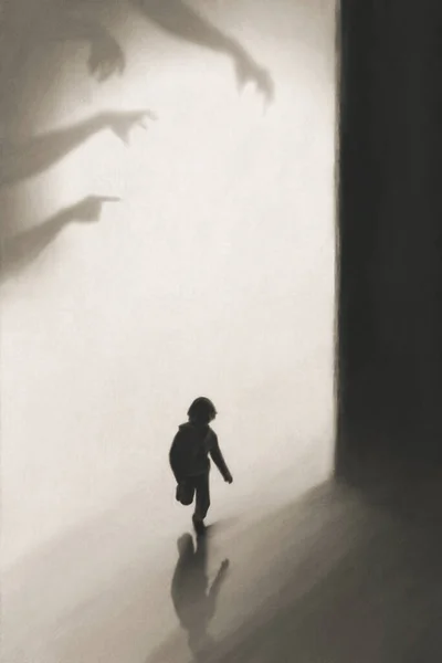 Młody Chłopiec Ucieka Przerażony Cieniami Rąk Ścianie Które Chcą Złapać — Zdjęcie stockowe