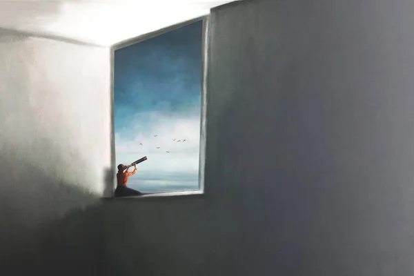 Surreal Illustration Person Looking Out Spyglass Out Window House — Stockfoto