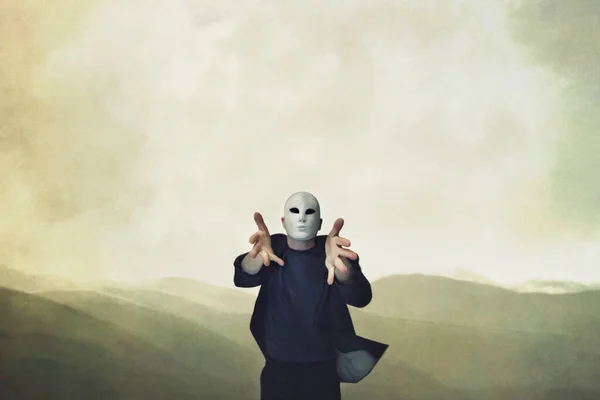 Surreal Man Mask Welcomes Life Open Arms — Fotografia de Stock