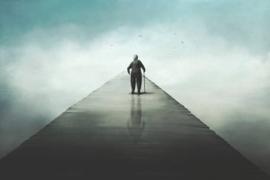surreal illustration of an old woman walking across a bridge to infinity clipart