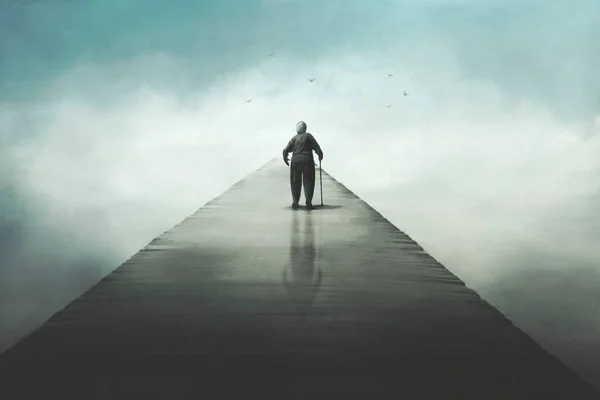 Surreal Illustration Old Woman Walking Bridge Infinity —  Fotos de Stock
