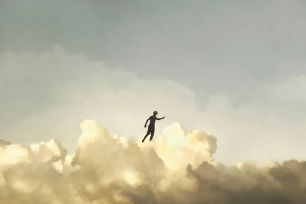 Surrealer Junge Hat Spaß Beim Wandern Über Den Wolken — Stockfoto