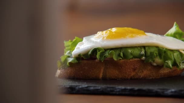 Крупный план вкусного свежего сэндвича с поджаренным хлебом, зеленым салатом и яйцом — стоковое видео